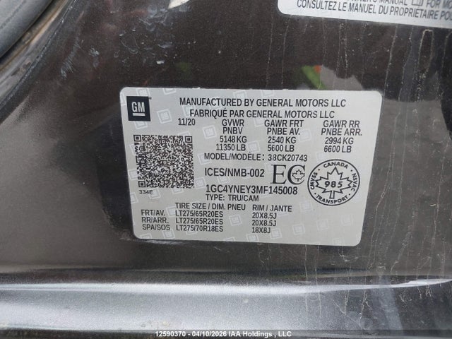 Продаж на аукціоні авто 2021 Chevrolet Silverado 2500hd Lt, vin: 1GC4YNEY3MF145008, номер лоту: 12590370