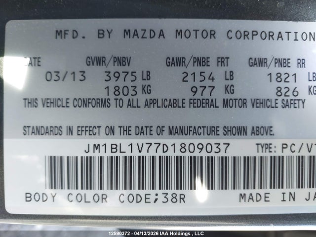 Aukcja sprzedaży 2013 Mazda 3 I, vin: JM1BL1V77D1809037, numer aukcji: 12590372