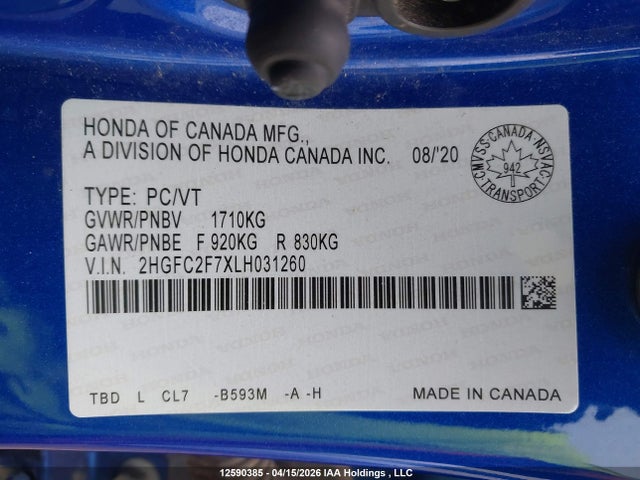 Aukcja sprzedaży 2020 Honda Civic Sedan, vin: 2HGFC2F7XLH031260, numer aukcji: 12590385