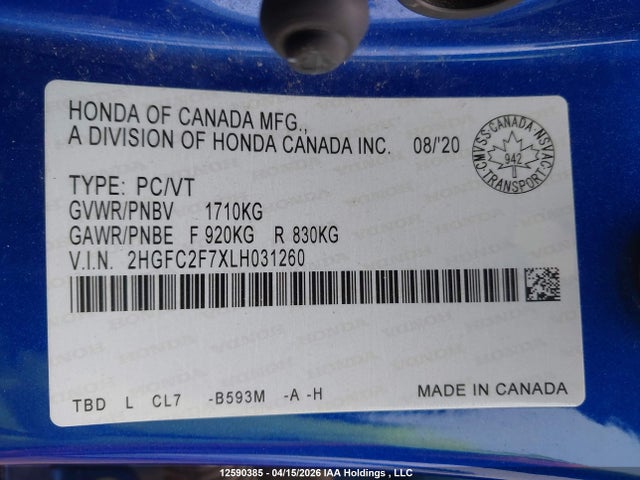 Aukcja sprzedaży 2020 Honda Civic Sedan, vin: 2HGFC2F7XLH031260, numer aukcji: 12590385