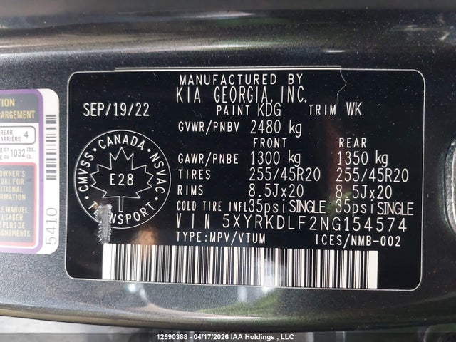 5XYRKDLF2NG154574 KIA Sorento Sx/sxp