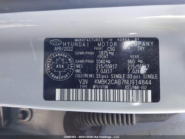 Продаж на аукціоні авто 2022 Hyundai Kona Preferred Awd, vin: KM8K2CAB7NU914844, номер лоту: 12590393