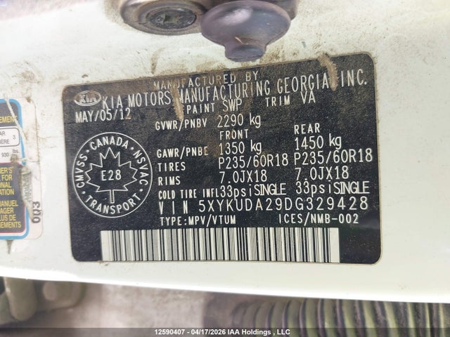 2013 Kia Sorento Ex მანქანა იყიდება აუქციონზე, vin: 5XYKUDA29DG329428, აუქციონის ნომერი: 12590407