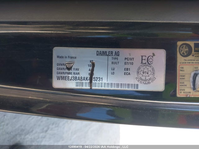 12590419 :رقم المزاد ، WMEEJ3BA8AK415231 vin ، 2010 Smart Fortwo Pure/passion مزاد بيع