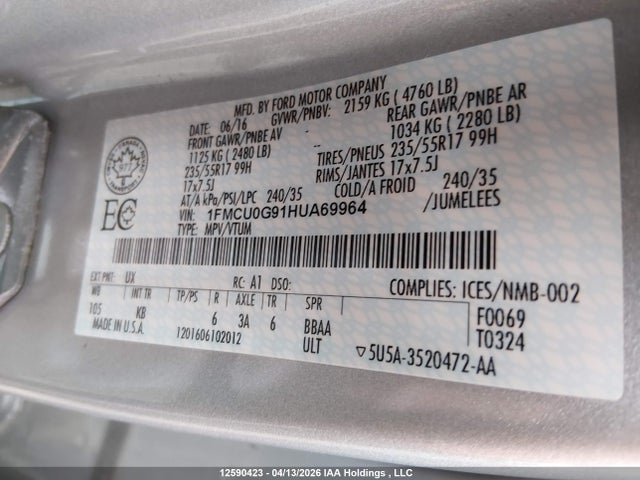 12590423 :رقم المزاد ، 1FMCU0G91HUA69964 vin ، 2017 Ford Escape Se مزاد بيع