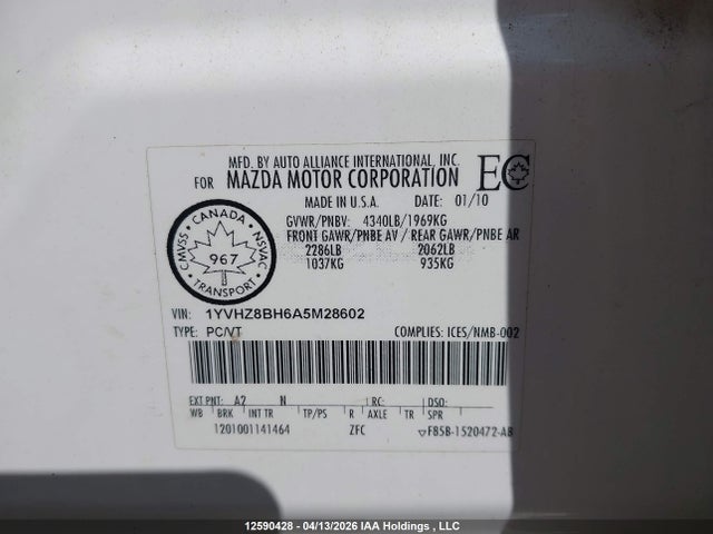 2010 Mazda Mazda6 მანქანა იყიდება აუქციონზე, vin: 1YVHZ8BH6A5M28602, აუქციონის ნომერი: 12590428