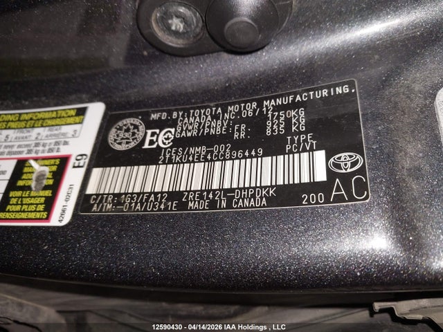 12590430 :رقم المزاد ، 2T1KU4EE4CC896449 vin ، 2012 Toyota Matrix مزاد بيع