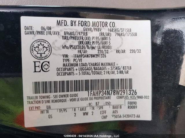 Продажа на аукционе авто 2008 Ford Focus S/se, vin: 1FAHP34N78W291326, номер лота: 12590439