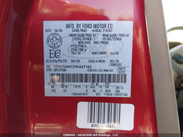 12590442 :رقم المزاد ، 1FMYU94137KA27122 vin ، 2007 Ford Escape Limited مزاد بيع