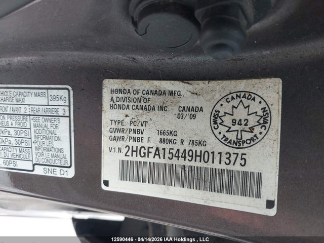 Aukcja sprzedaży 2009 Honda Civic Dx-g, vin: 2HGFA15449H011375, numer aukcji: 12590446