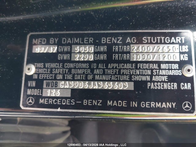 12590453 :رقم المزاد ، WDBCA39D6JA365603 vin ، 1988 Mercedes-benz 560 Sel مزاد بيع