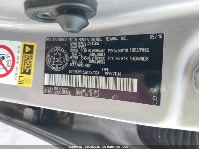 5TDZKRFH5GS157324 Toyota Highlander Le/le Plus