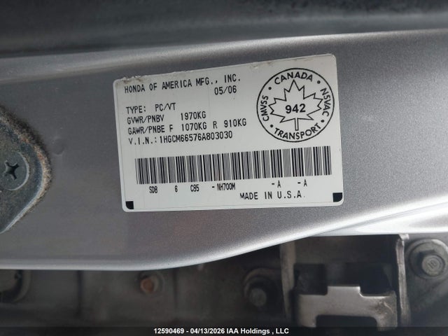Aukcja sprzedaży 2006 Honda Accord Ex, vin: 1HGCM66576A803030, numer aukcji: 12590469