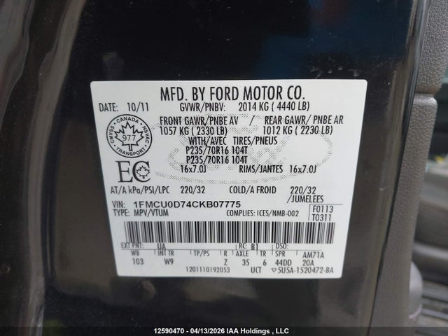 Продажа на аукционе авто 2012 Ford Escape Xlt, vin: 1FMCU0D74CKB07775, номер лота: 12590470