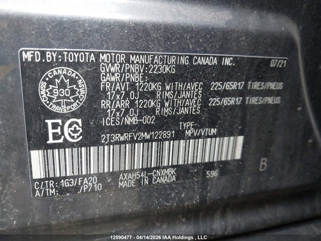 2T3RWRFV2MW122891 Toyota Rav4 Xle