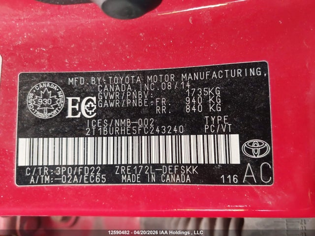 2015 Toyota Corolla S მანქანა იყიდება აუქციონზე, vin: 2T1BURHE5FC243240, აუქციონის ნომერი: 12590482
