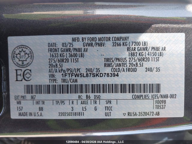 Продаж на аукціоні авто 2025 Ford F-150 Lariat, vin: 1FTFW5L87SKD78394, номер лоту: 12590484