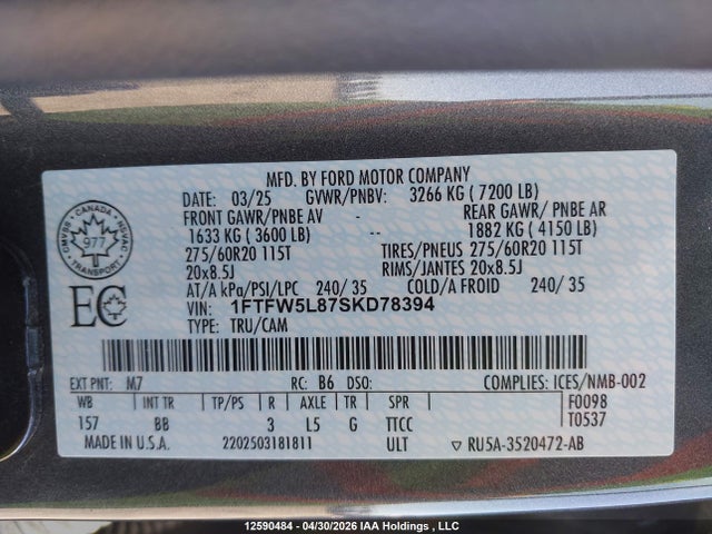 Продаж на аукціоні авто 2025 Ford F-150 Lariat, vin: 1FTFW5L87SKD78394, номер лоту: 12590484