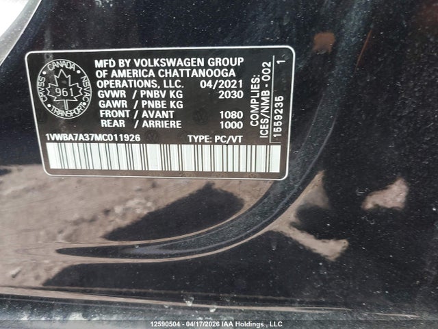 Aukcja sprzedaży 2021 Volkswagen Passat, vin: 1VWBA7A37MC011926, numer aukcji: 12590504