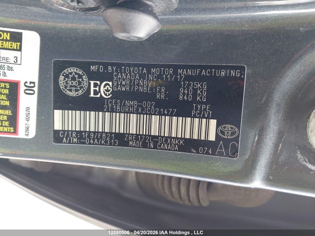 2018 Toyota Corolla Le მანქანა იყიდება აუქციონზე, vin: 2T1BURHEXJC021477, აუქციონის ნომერი: 12590506