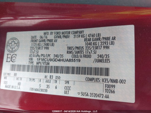 1FMCU9GD4HUA85519 Ford ESCAPE SE