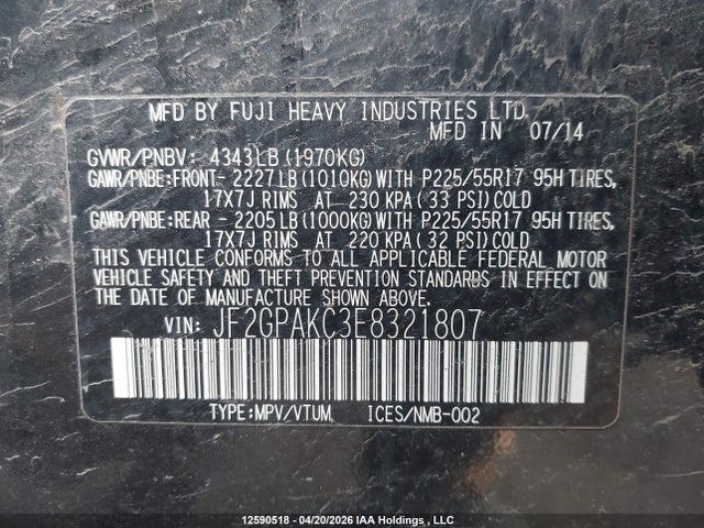 Aukcja sprzedaży 2014 Subaru Xv Crosstrek 2.0i Limited, vin: JF2GPAKC3E8321807, numer aukcji: 12590518