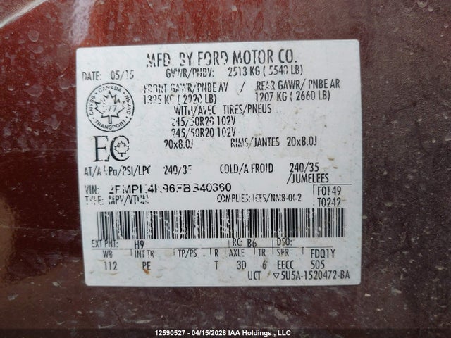 12590527 :رقم المزاد ، 2FMPK4K96FBB40360 vin ، 2015 Ford Edge Titanium مزاد بيع