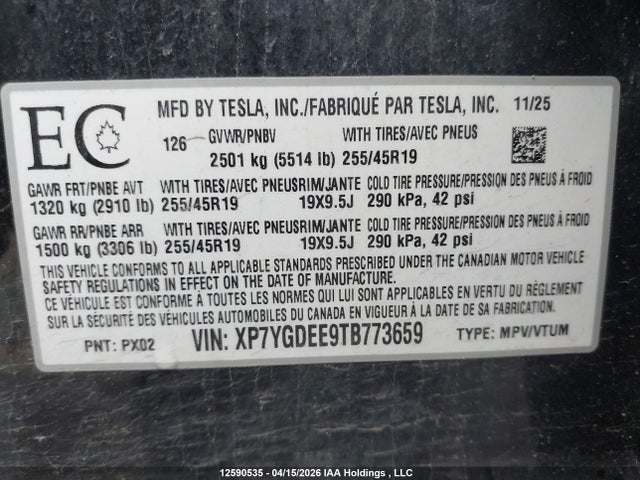 12590535 :رقم المزاد ، XP7YGDEE9TB773659 vin ، 2026 Tesla Model Y Long Range Launch Series/premium All-wheel Drive مزاد بيع