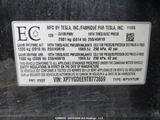 12590535 :رقم المزاد ، XP7YGDEE9TB773659 vin ، 2026 Tesla Model Y Long Range Launch Series/premium All-wheel Drive مزاد بيع