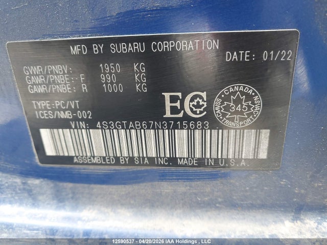 Aukcja sprzedaży 2022 Subaru Impreza, vin: 4S3GTAB67N3715683, numer aukcji: 12590537