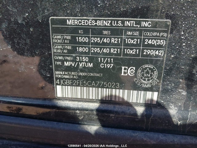 12590541 :رقم المزاد ، 4JGBF2FE5CA775023 vin ، 2012 Mercedes-benz Gl 350 Bluetec مزاد بيع