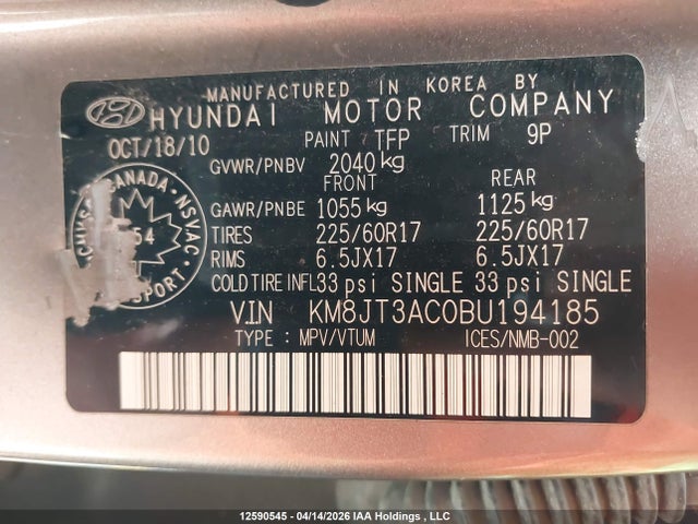 12590545 :رقم المزاد ، KM8JT3AC0BU194185 vin ، 2011 Hyundai Tucson Gl/gls مزاد بيع
