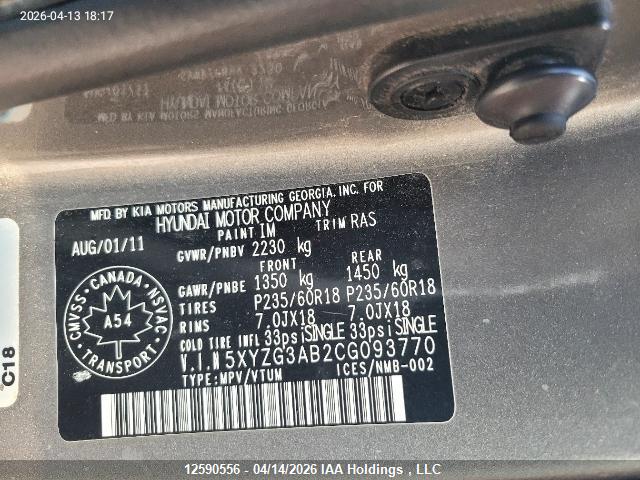 Aukcja sprzedaży 2012 Hyundai Santa Fe Gls, vin: 5XYZG3AB2CG093770, numer aukcji: 12590556