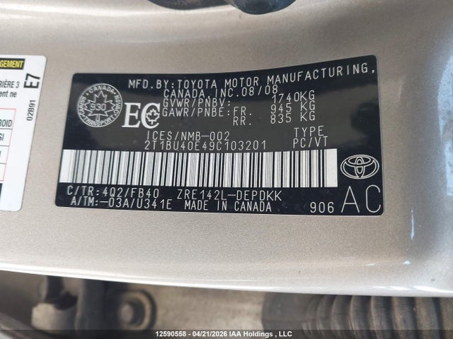 2009 Toyota Corolla მანქანა იყიდება აუქციონზე, vin: 2T1BU40E49C103201, აუქციონის ნომერი: 12590558