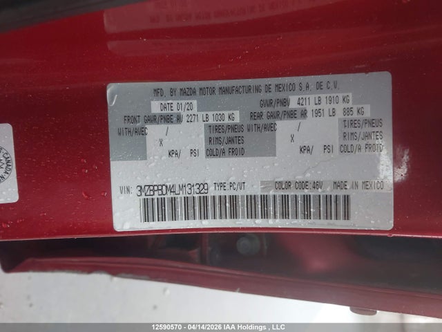 Продаж на аукціоні авто 2020 Mazda 3 Preferred, vin: 3MZBPBDM4LM131329, номер лоту: 12590570