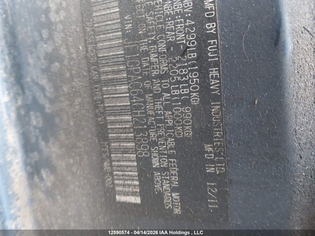 Aukcja sprzedaży 2012 Subaru Impreza Premium, vin: JF1GPAC64CH213898, numer aukcji: 12590574