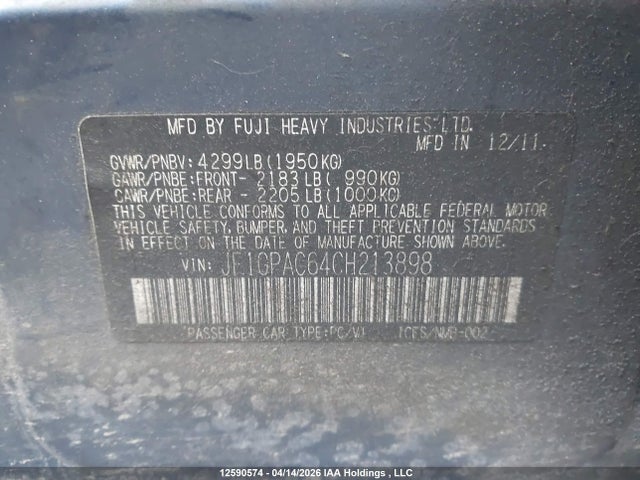 Aukcja sprzedaży 2012 Subaru Impreza Premium, vin: JF1GPAC64CH213898, numer aukcji: 12590574
