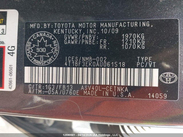 2010 Toyota Camry Se/le/xle მანქანა იყიდება აუქციონზე, vin: 4T1BF3EK0AU061518, აუქციონის ნომერი: 12590581