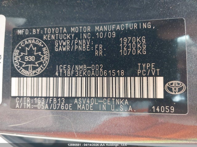 2010 Toyota Camry Se/le/xle მანქანა იყიდება აუქციონზე, vin: 4T1BF3EK0AU061518, აუქციონის ნომერი: 12590581