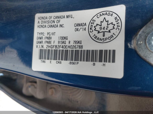 Aukcja sprzedaży 2014 Honda Civic Lx, vin: 2HGFB2F40EH026788, numer aukcji: 12590583