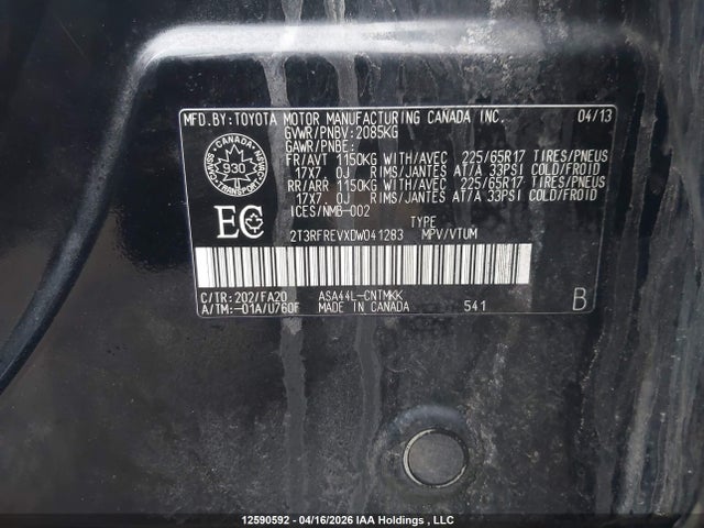 2013 Toyota Rav4 Xle მანქანა იყიდება აუქციონზე, vin: 2T3RFREVXDW041283, აუქციონის ნომერი: 12590592
