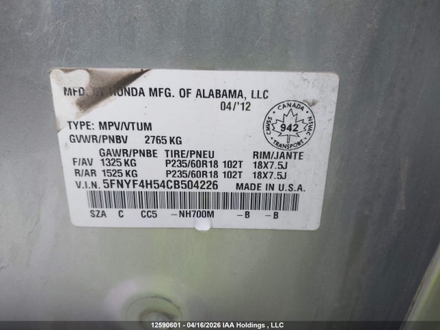 Aukcja sprzedaży 2012 Honda Pilot Exl, vin: 5FNYF4H54CB504226, numer aukcji: 12590601