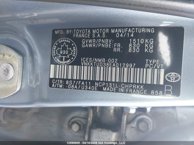 2014 Toyota Yaris მანქანა იყიდება აუქციონზე, vin: VNKKTUD38EA012997, აუქციონის ნომერი: 12590609