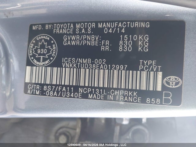 2014 Toyota Yaris მანქანა იყიდება აუქციონზე, vin: VNKKTUD38EA012997, აუქციონის ნომერი: 12590609