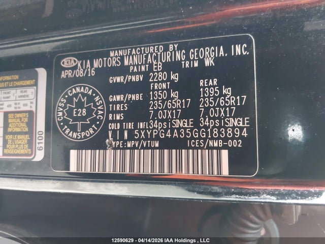 5XYPG4A35GG183894 KIA Sorento Lx/l