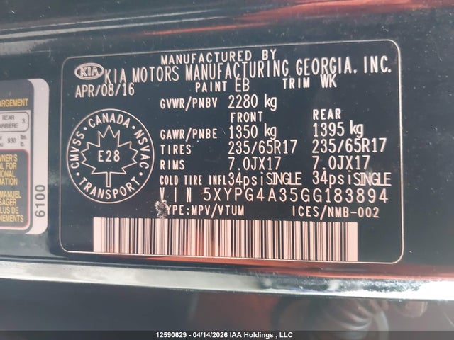 5XYPG4A35GG183894 KIA Sorento Lx/l