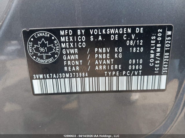 Aukcja sprzedaży 2013 Volkswagen Jetta 2.0l Trendline/2.0l Trendline+, vin: 3VW1K7AJ3DM373984, numer aukcji: 12590633