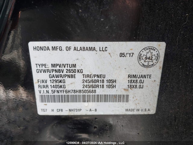5FNYF6H78HB505688 Honda PILOT EXLN