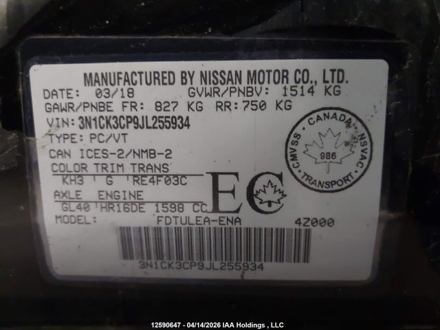 3N1CK3CP9JL255934 Nissan Micra S/sr/sv