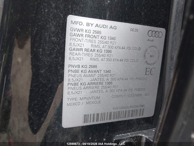 12590673 :رقم المزاد ، WA135AGU9S2047560 vin ، 2025 Audi Sq5 Prestige مزاد بيع